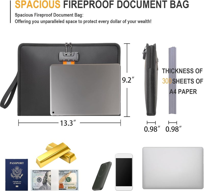 XIAODUN Fireproof Document Bag with Lock，13"×9.2" Fireproof Money Bag，with Zipper and Lock，Suitable for Tablets, A4 Documents, Cash, Mobile Phones, Credit Cards and Notarized Documents. - Image 3